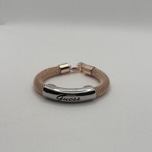 Y2K Guess Two-Tone Mesh Fantasy Bracelet — Rose Gold Mesh & Silver Logo Plate
